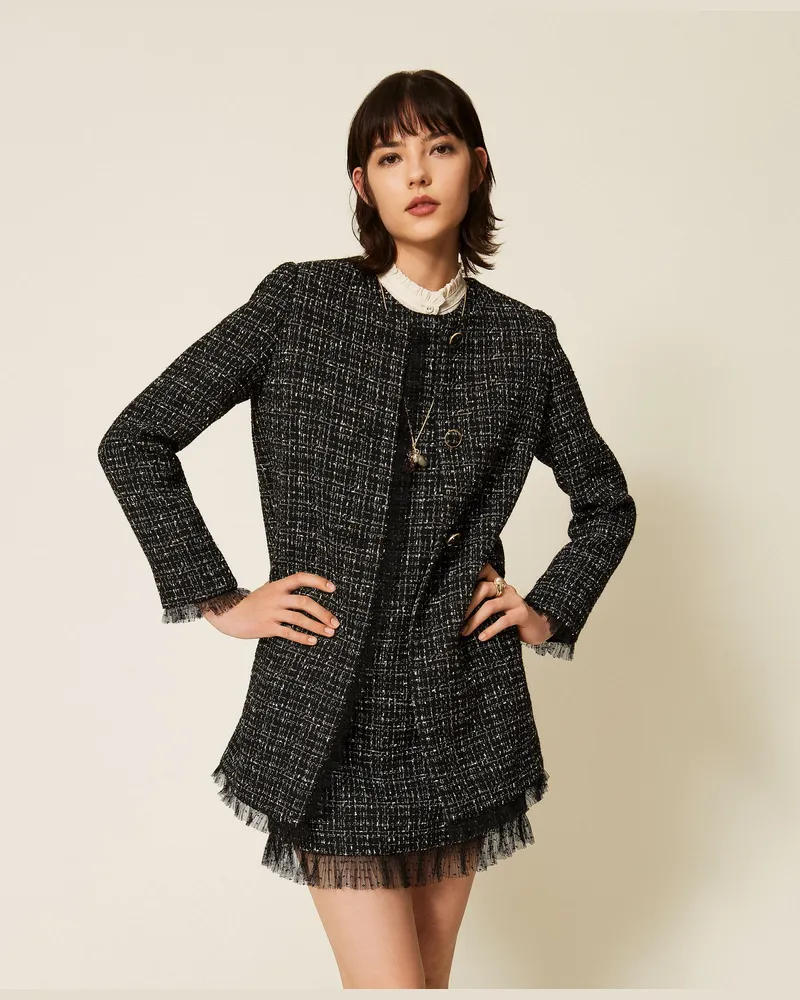 Twin-Set Bouclé-Mantel aus Plumetis-Tüll, Damen, Bouclé Schwarz / Lilie Bouclé