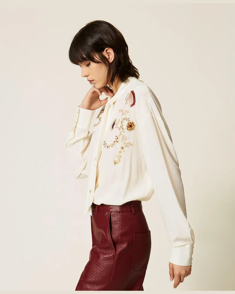 Actitude by Twinset Bluse aus Crêpe de Chine mit Stickerei Weiß