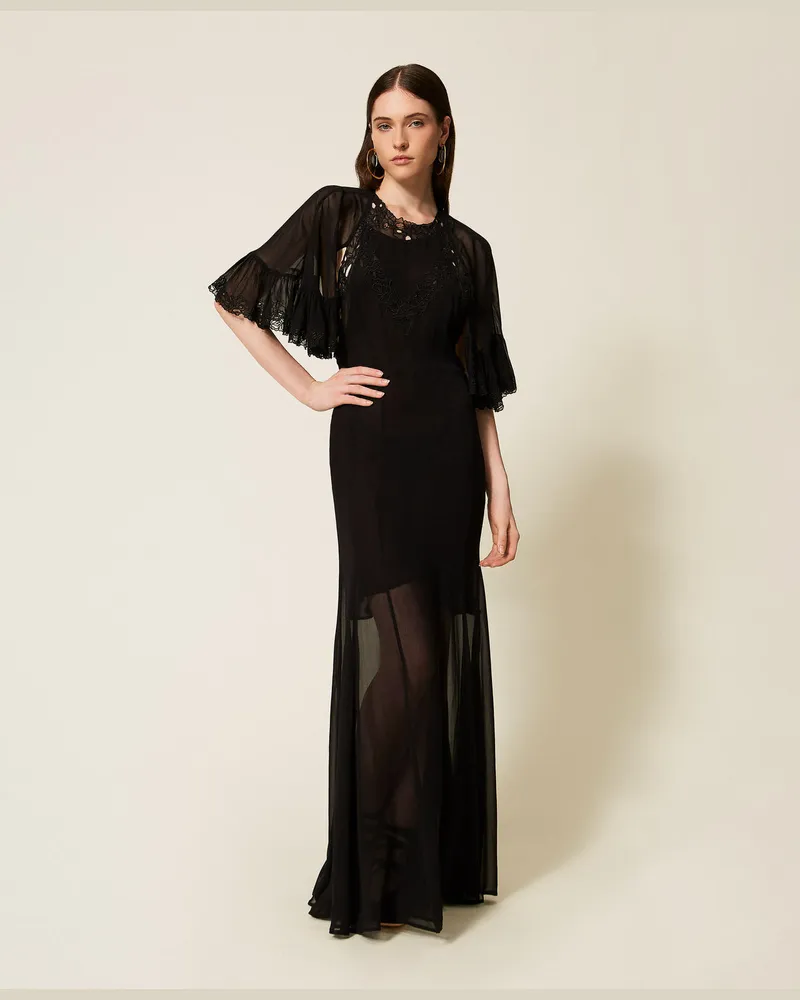 Twin-Set Kleider - Langes Kleid aus Georgette mit Stickerei, Schwarz, Größe Schwarz