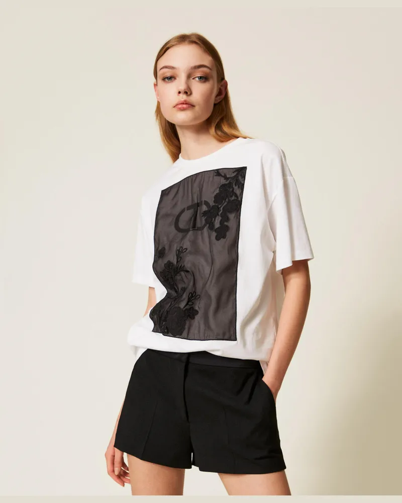 Twin-Set T-Shirts - Oversized T-Shirt mit Blumenstickerei, Weiß, Baumwolle, Größe Weiß