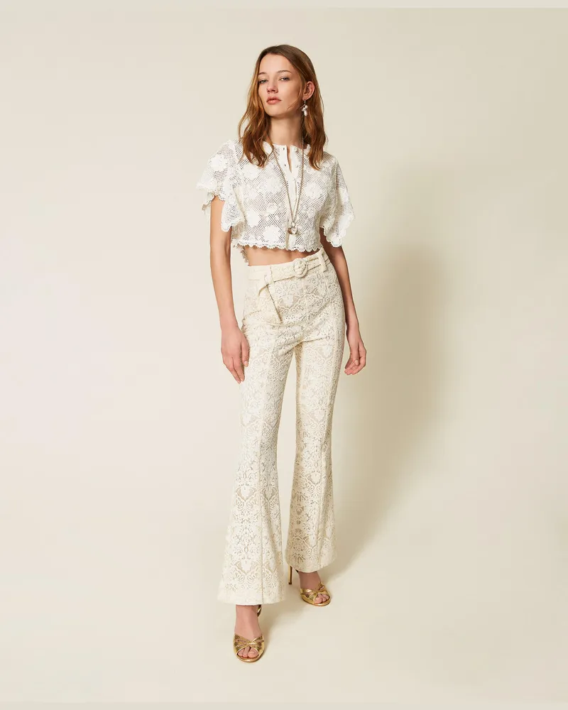 Twin-Set Hosen - Flared-Hose aus Spitze mit Gürtel, Perlmutt, Größe Perlmutt