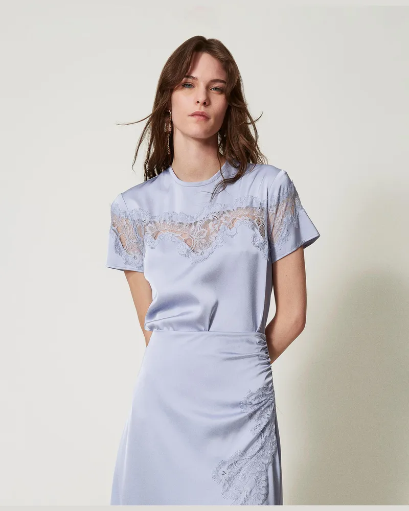 Twin-Set T-Shirts - T-Shirt aus Satin mit Spitze, Fliederblütenlila, Größe Fliederblütenlila
