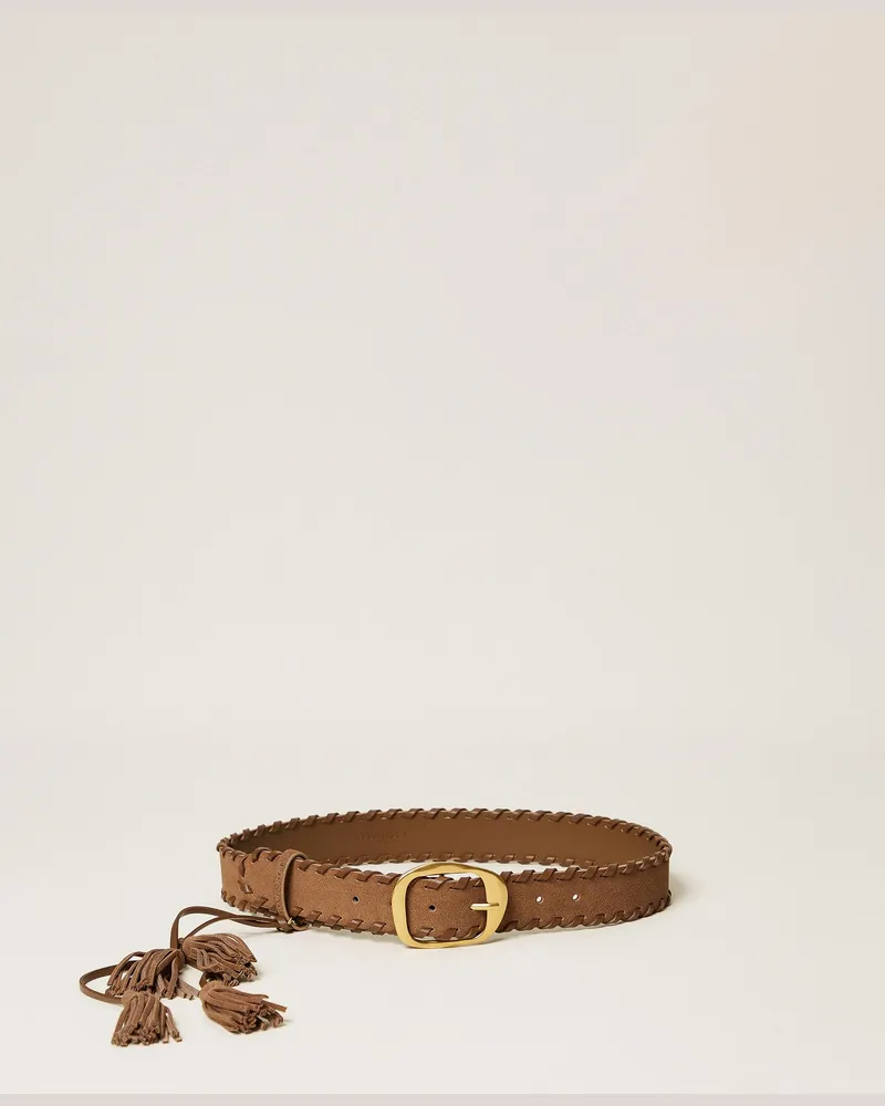 Twin-Set Gürtel aus Veloursleder mit Quasten, Damen, Tobacco Brown Tobacco