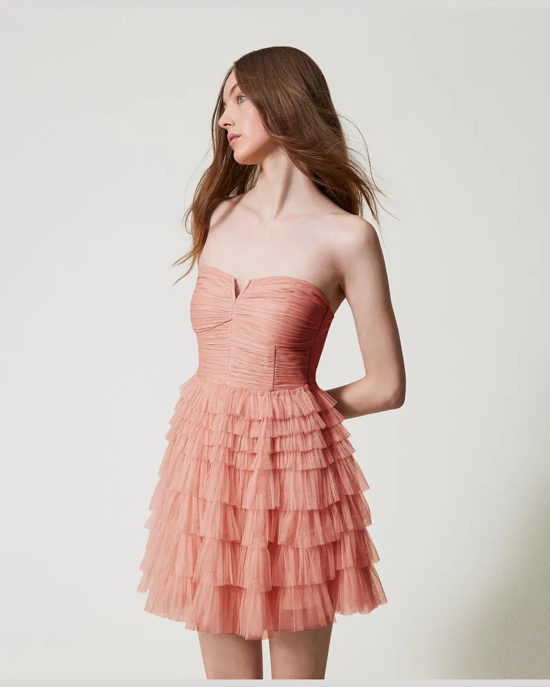 Twin-Set Kleider - Kurzes Bustierkleid aus Tüll, Dusty Coral, Plissee, Größe Dusty