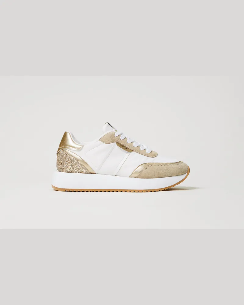 Twin-Set Schuhe - Sneaker im Laufschuhstil mit Glitzer, Zweifarbig Optisches Weiß / Gold, Größe Zweifarbig