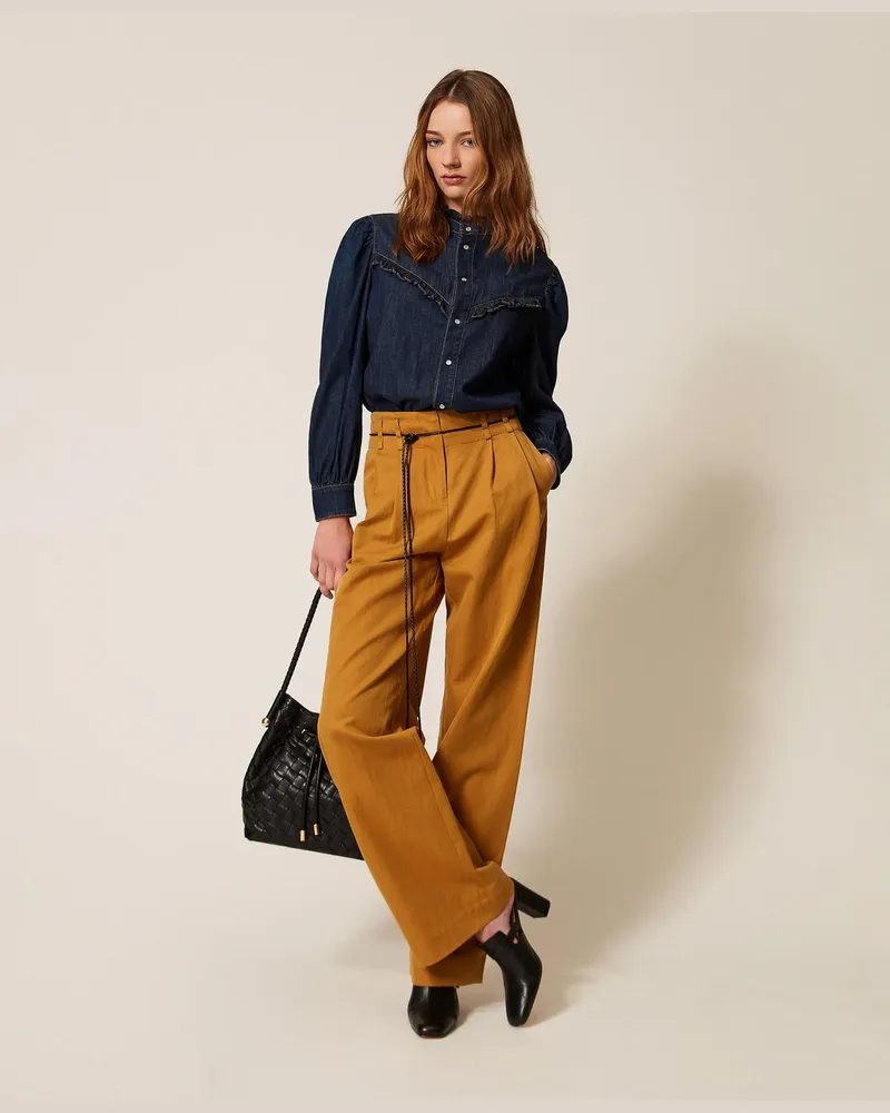 Twin-Set Hosen - Weite Hose aus Gabardine, „Woody"-Braun, Leinen, Größe „woody“-braun