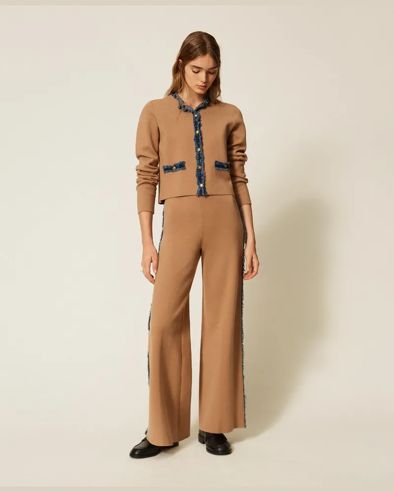 Twin-Set Strickhose mit Jeansbesatz, Damen, "Dune"-Beige / Denim Dune-beige