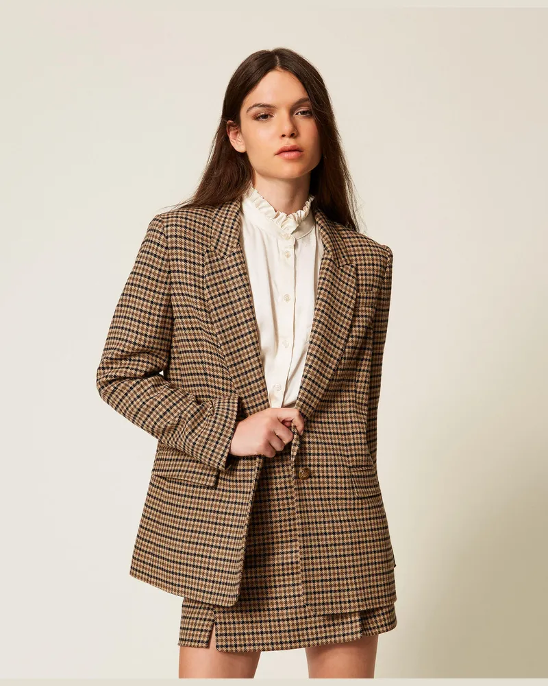 Twin-Set Jacken und Outerwear - Karierter Blazer aus Wollmischung, Small Check Kamelbraun / Schwarz, Größe Small
