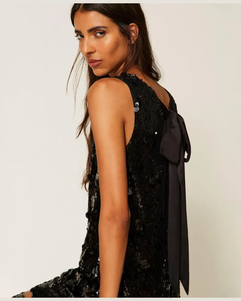 Twin-Set Kurzes Paillettenkleid mit Blumen, Damen, Schwarz Schwarz