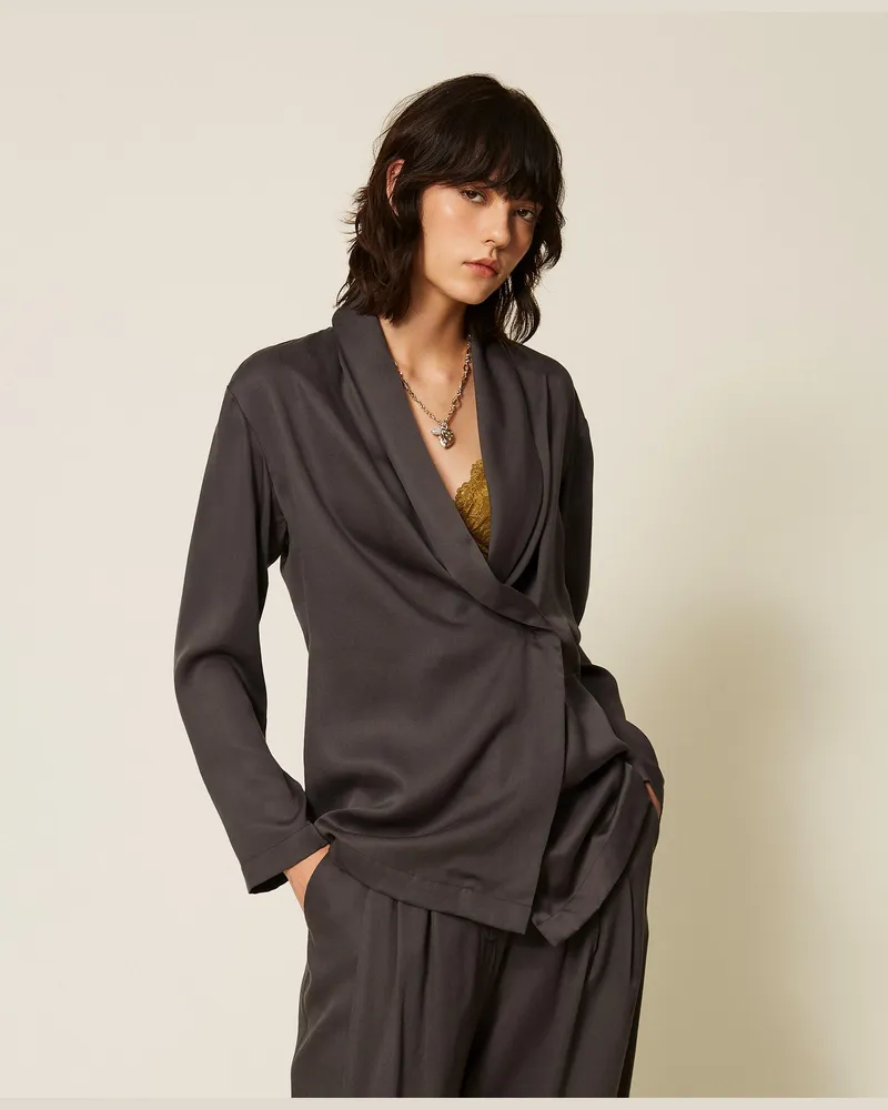 Twin-Set Blazer aus Satin, Damen, Haselnuss Iron Haselnuss