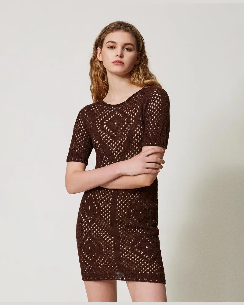 Twin-Set Kleider - Kurzes Netzkleid mit Pailletten, Chocolate Paillettes, Größe Chocolate