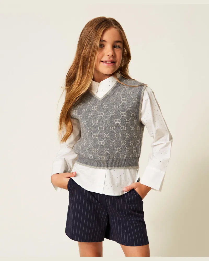Twin-Set Jacken und Outerwear - Pullunder aus Jacquard-Strick mit Oval Ts, Mittelgrau / Micro Logo Hellgrau, Größe Mittelgrau
