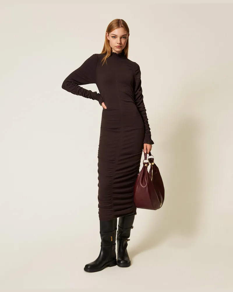 Twin-Set Kleider - Langes Strickkleid mit Kräuselung, Black Chocolate, Größe Black