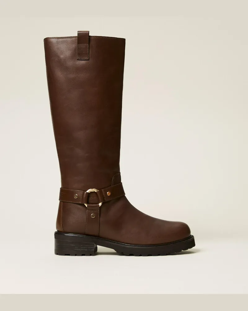 Twin-Set Hohe Bikerstiefeletten aus Leder mit Ring Darkness