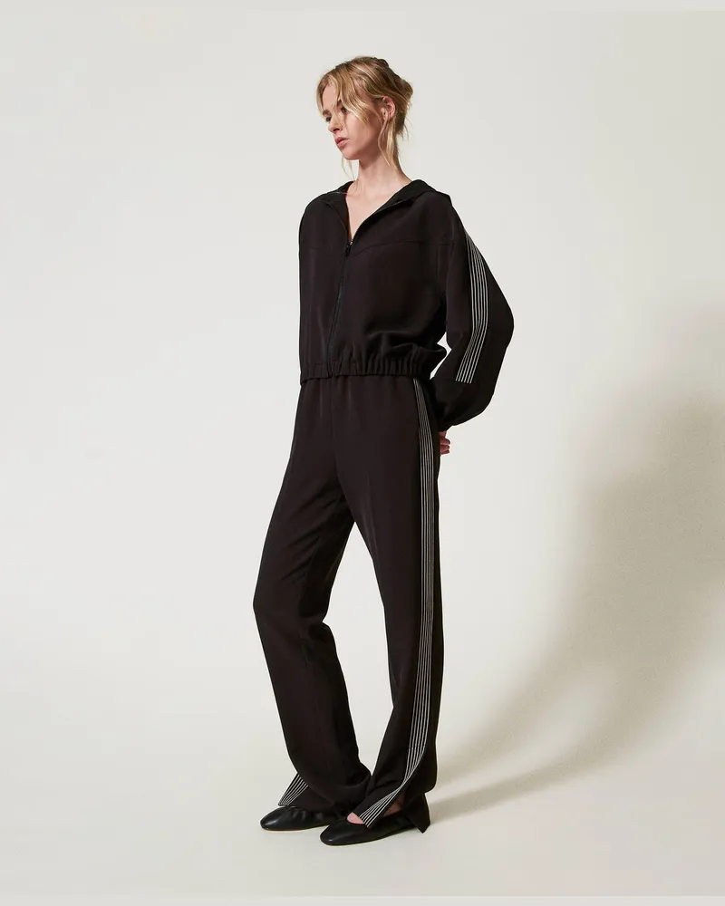 Twin-Set Hosen - Krepphose mit Stickerei, Schwarz / Stickerei Schneeweiß, Größe Schwarz