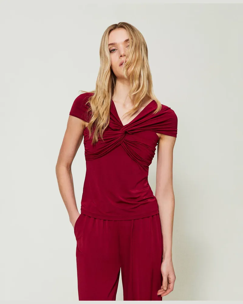 Twin-Set Bademode - Figurbetontes Top mit Draperien, „Grenade"-Rot, Jersey, Größe: S 