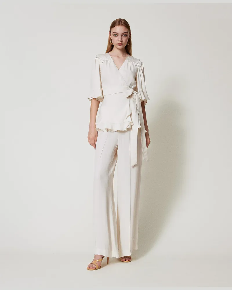 Twin-Set Hosen - Palazzohose aus Satin, Perlmutt, Größe Perlmutt