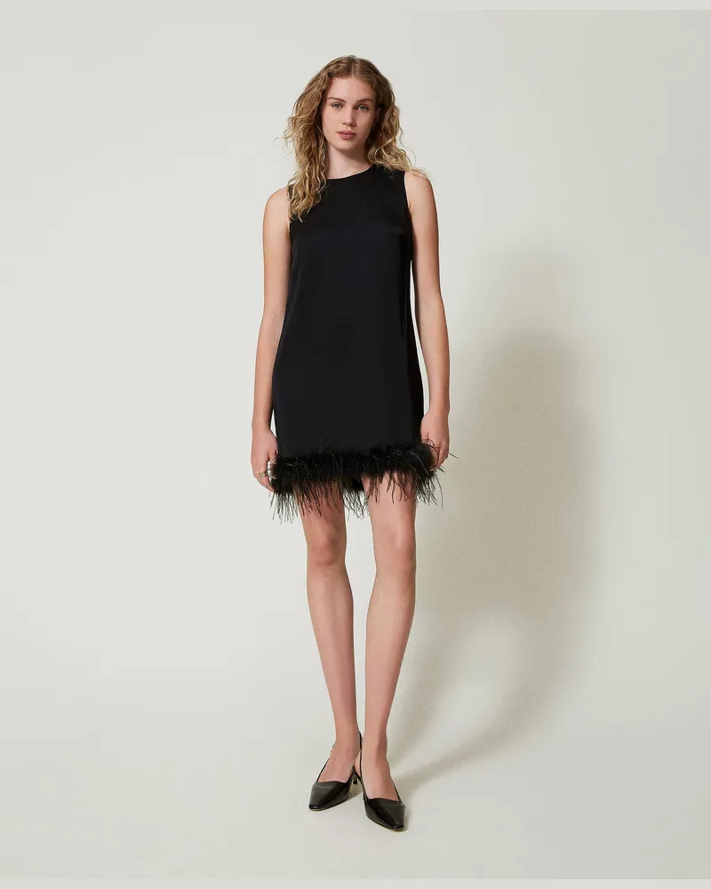 Twin-Set Kleider - Ärmelloses Minikleid aus Satin mit Federn, Schwarz, Größe Schwarz