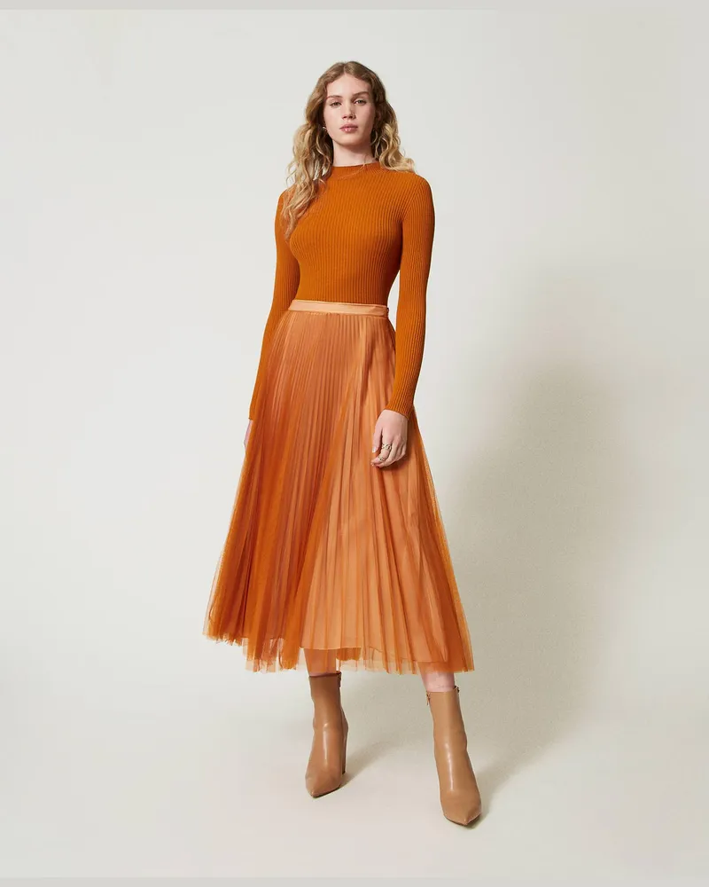 Twin-Set Röcke - Maxi-Plisseerock aus Tüll, „Tenné"-Orange, Größe: 50 