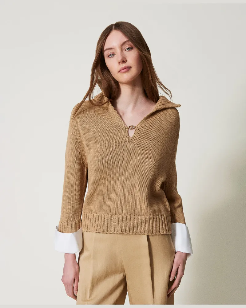 Twin-Set Pullover aus Baumwolle und Popeline, Zweifarbig "Rope"-Beige / Optisches Weiß, Größe: XXL 
