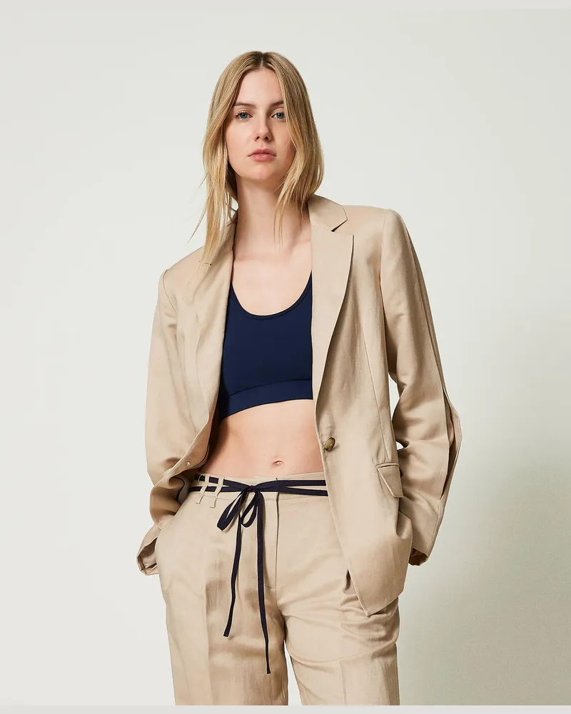 Twin-Set Jacken und Outerwear - Blazer aus Leinenmischung mit Zierfalten, Champagne, Größe Champagne