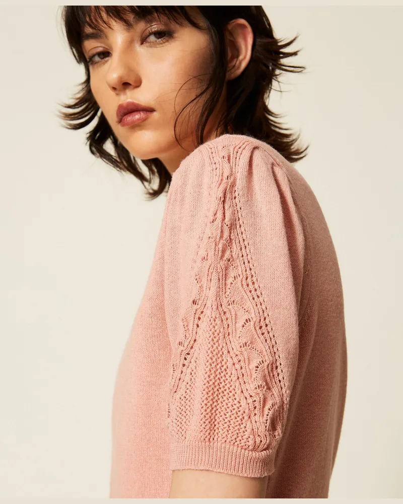 Twin-Set Pullover aus Wollmischung mit durchbrochener Verarbeitung, Damen, Puderrosa Puderrosa