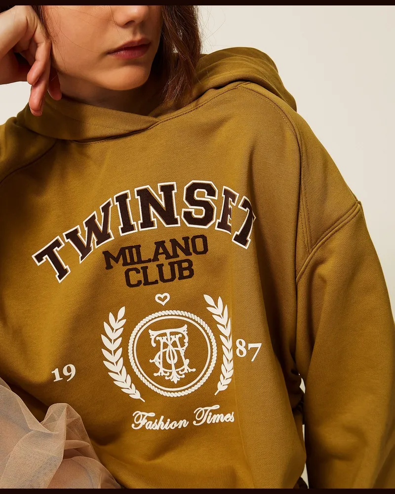 Twin-Set Sweatshirt mit Kapuze und Logodruck, Damen, Shiny Oil Shiny
