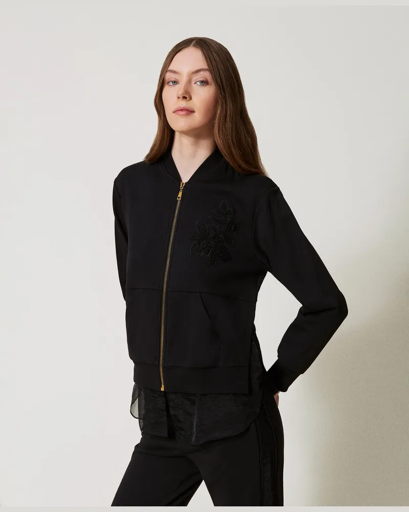 Twin-Set Sweatshirts und -jacken - Sweatjacke mit Stickerei und Organza-Einsatz, Schwarz, Baumwolle, Größe Schwarz