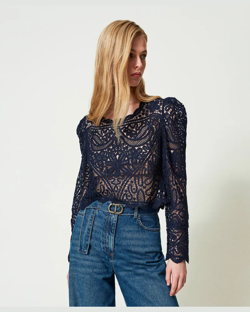 Twin-Set Häkelpullover in Spitzenoptik, Midnight-Blau, Größe: XXL 