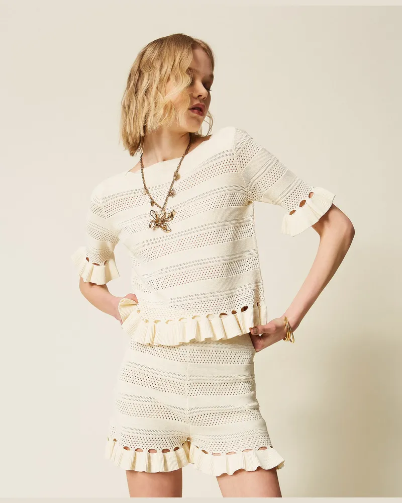 Twin-Set Hosen - Shorts aus Strick mit Volant, Perlmutt, Größe Perlmutt