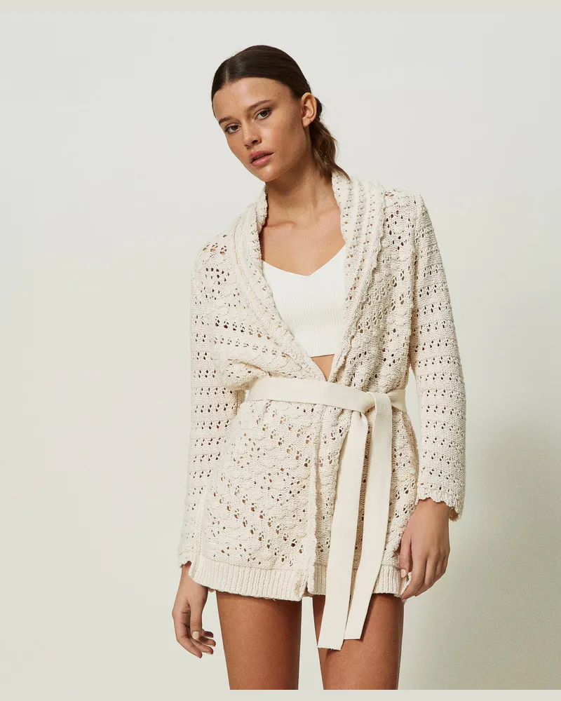 Twin-Set Cardigans - Cardigan mit Durchbruchmuster und Gürtel, Weiß Schnee, Baumwolle, Größe: XXL 