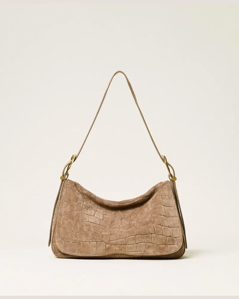 Twin-Set Liliane Tasche aus Veloursleder mit Krokoprägung, Damen, Light Taupe Grau Light