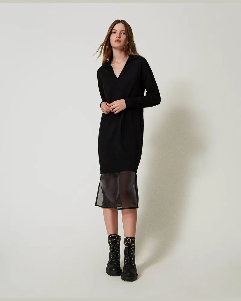 Actitude by Twinset Kleider - Midi-Strickkleid mit Unterkleid, Schwarz, Wolle, Größe Schwarz