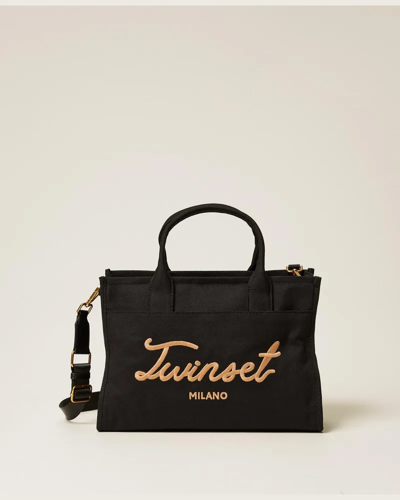 Twin-Set Taschen - Shopper aus Canvas mit Logo, Schwarz, Einheitsgröße Schwarz