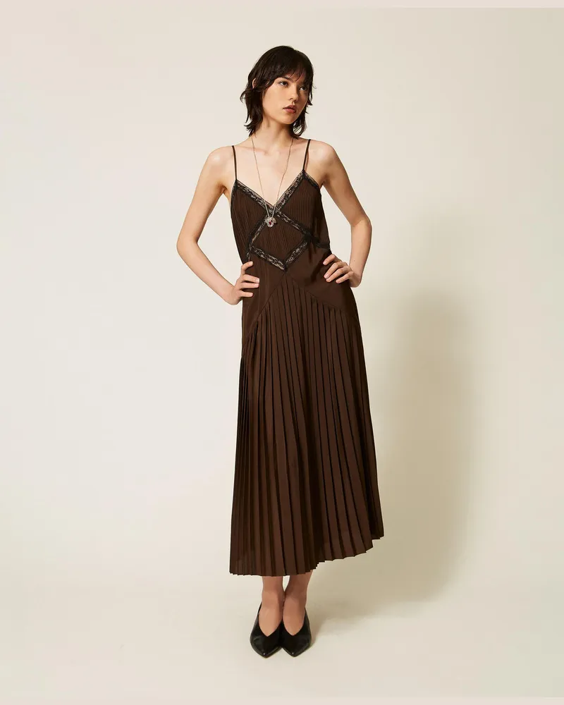 Twin-Set Maxikleid aus Crêpe de Chine und Spitze Zweifarbig