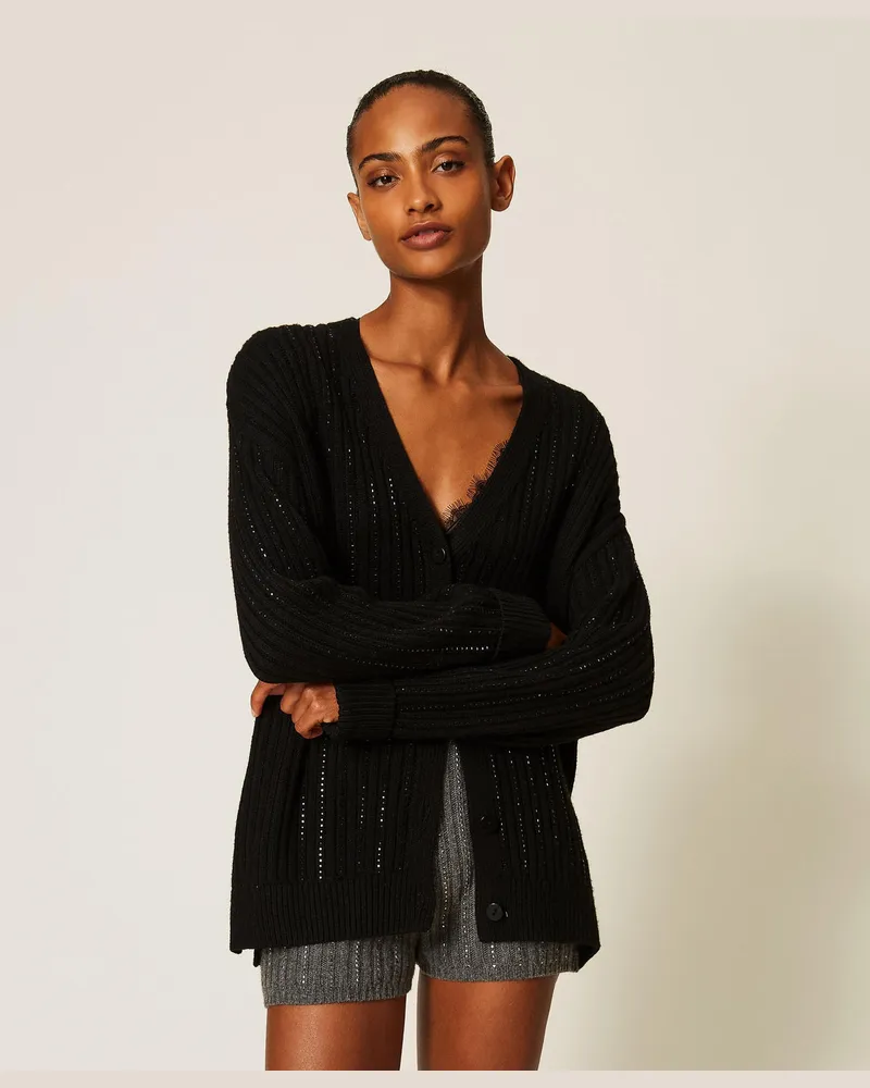 Twin-Set Cardigan aus Wollmischung mit Strass Schwarz