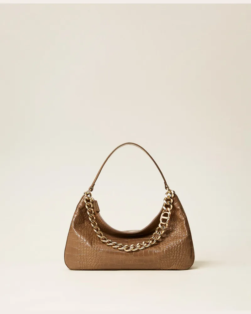 Twin-Set Taschen - Tasche „Liliane" aus Leder mit Krokoprägung, Taubenbraun, Einheitsgröße Taubenbraun
