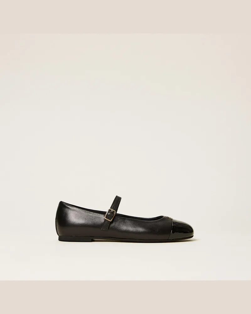Twin-Set Ballerinas aus Leder mit Logo und Riemchen Schwarz