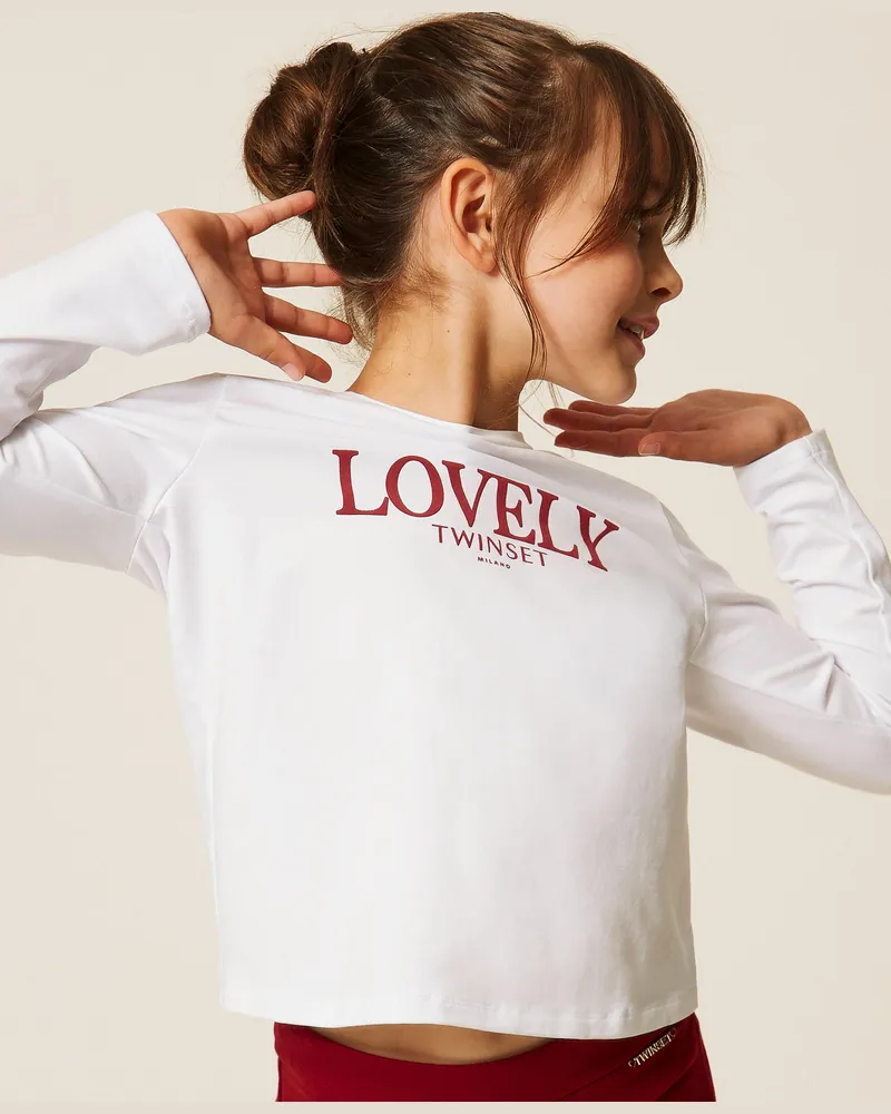 Twin-Set T-Shirt in Regular-Fit mit Flockdruck, Damen, Off White / Lovely Red Ruby Off