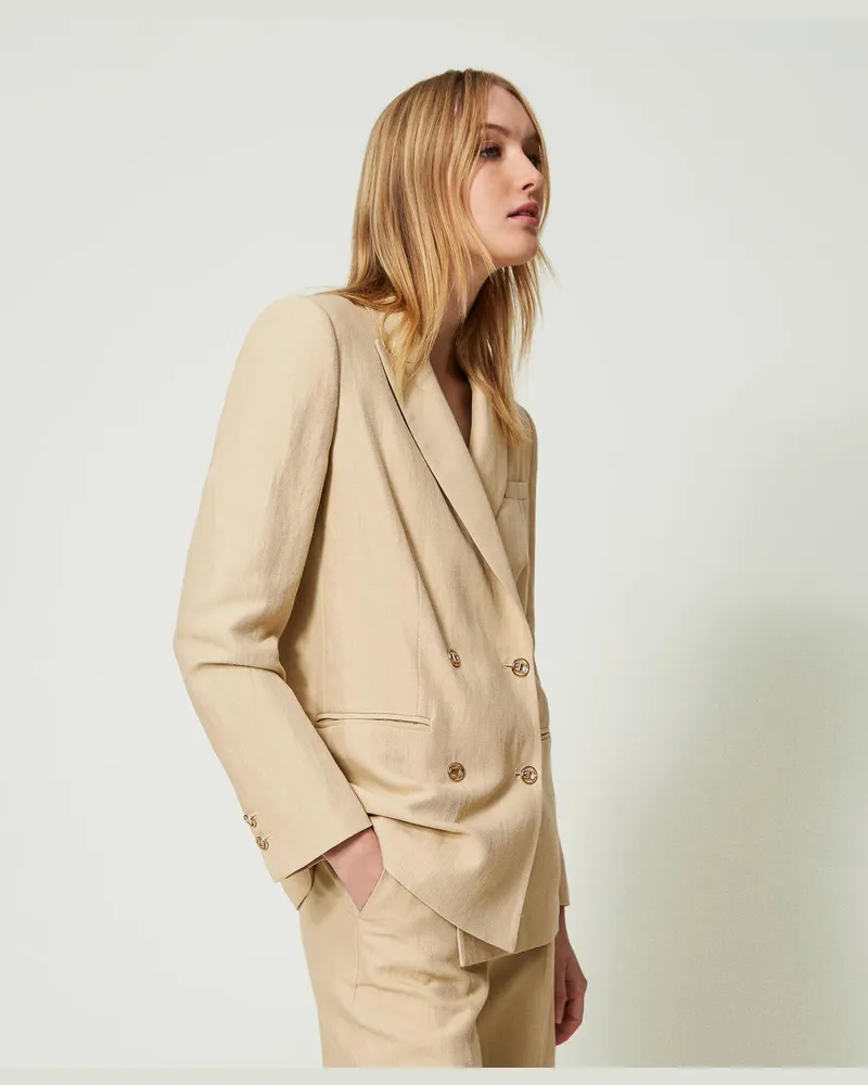 Twin-Set Jacken und Outerwear - Blazer aus Leinenköper, „Almond Milk", Größe „almond
