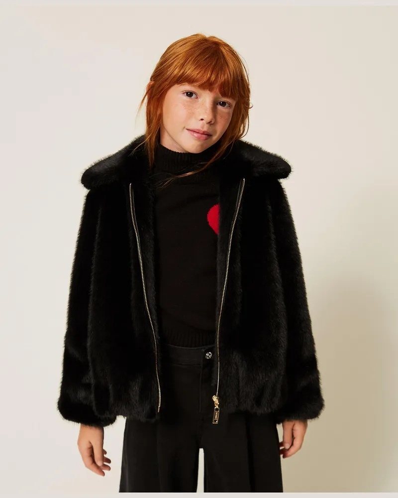 Twin-Set Bomberjacke aus Kunstpelz, Damen, Schwarz Schwarz