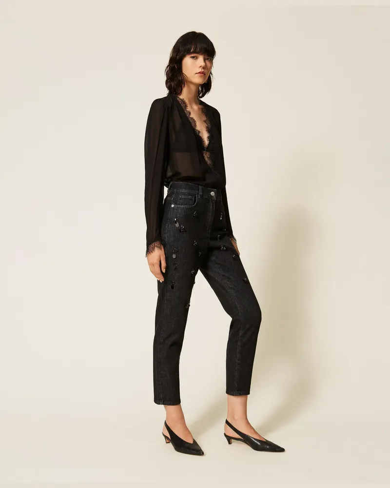 Twin-Set Handbestickte Skinny-Jeans, Damen, Denimschwarz Denimschwarz