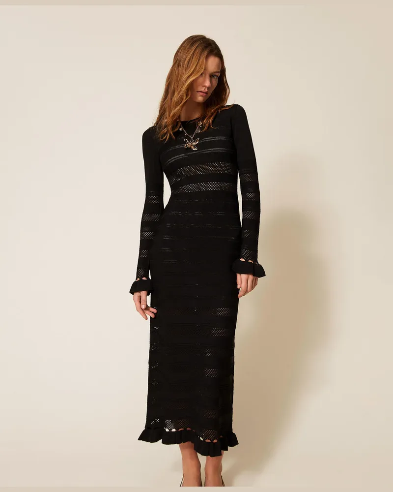 Twin-Set Kleider - Langes Strickkleid mit Volant, Schwarz, Größe Schwarz