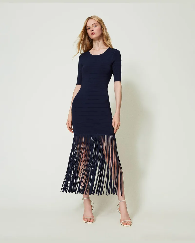 Twin-Set Kleider - Kurzes, figurbetontes Strickkleid mit Fransen, Midnight-Blau, Größe Midnight-blau