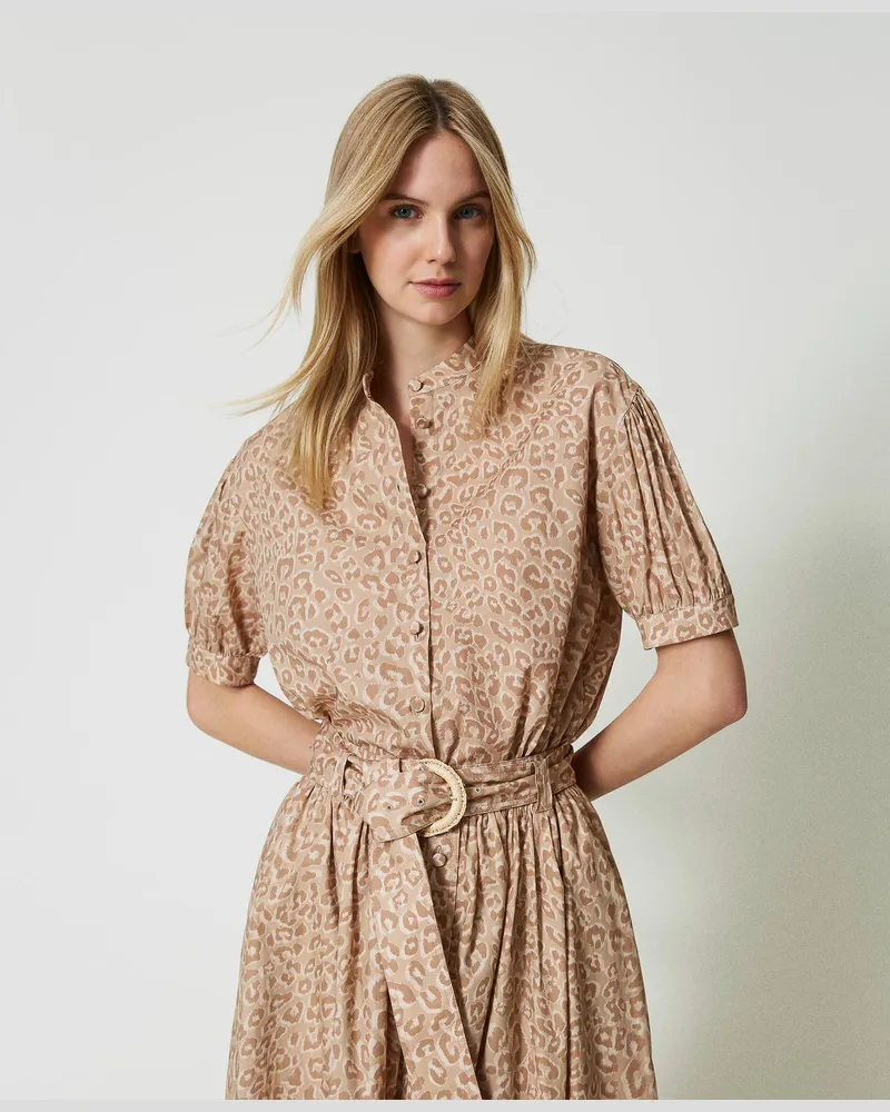 Twin-Set Hemden - Popelinehemd mit Animaldessin, Print Animal / „Ginger Root"-Beige, Größe Print