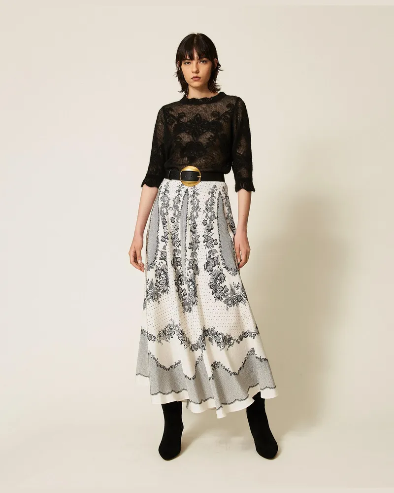 Twin-Set Langer Rock aus Satin mit Jacquardmuster und Blumen und Tupfen, Damen, Lace And Flowers Print Schwarz / Perlmutt Lace