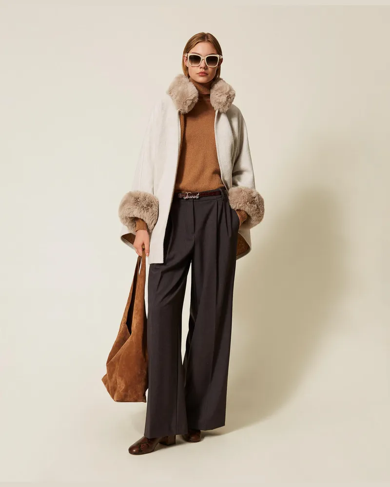 Twin-Set Jacken und Outerwear - Poncho aus Tuch und Kunstpelz, Weiß Schnee, Einheitsgröße Weiß