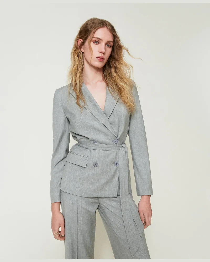 Twin-Set Jacken und Outerwear - Blazer aus Wollmischung mit Gürtel, Durchschnittgrau-Mélange, Wolle, Größe Durchschnittgrau-mélange