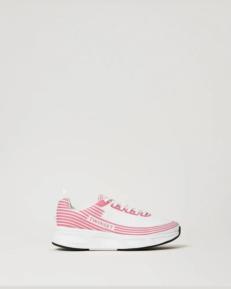Twin-Set Schuhe - Fessura Sneakers mit Streifen und Logo, Zweifarbig Optisches Weiß / Fuchsia Pink, Gestreift, Größe Zweifarbig