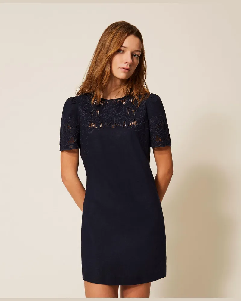 Twin-Set Kurzes Kleid aus Leinenmischung mit Stickerei Nachtblau